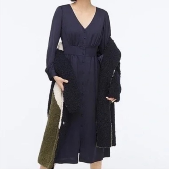 J.Crew Navy Satin Button-Front A-Line Midi Dress - Picture 3 of 10